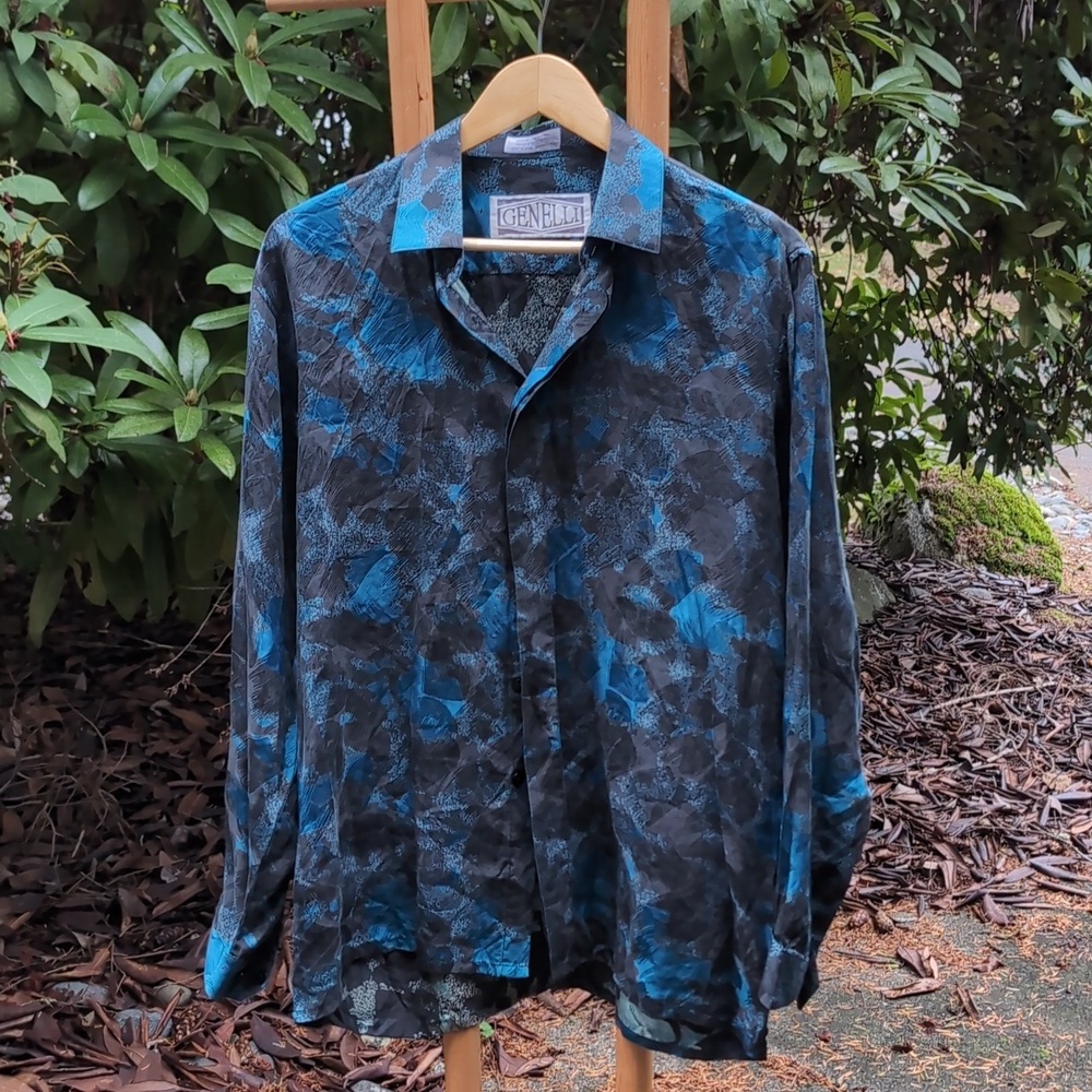100% Silk Genelli Blue and Black Brushstroke Patterned Shirt